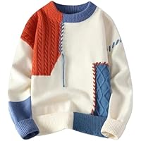 Mens Winter Korean Warm Knitted Multicolor Patchwork O Neck Knit Long Sleeve Pullovers